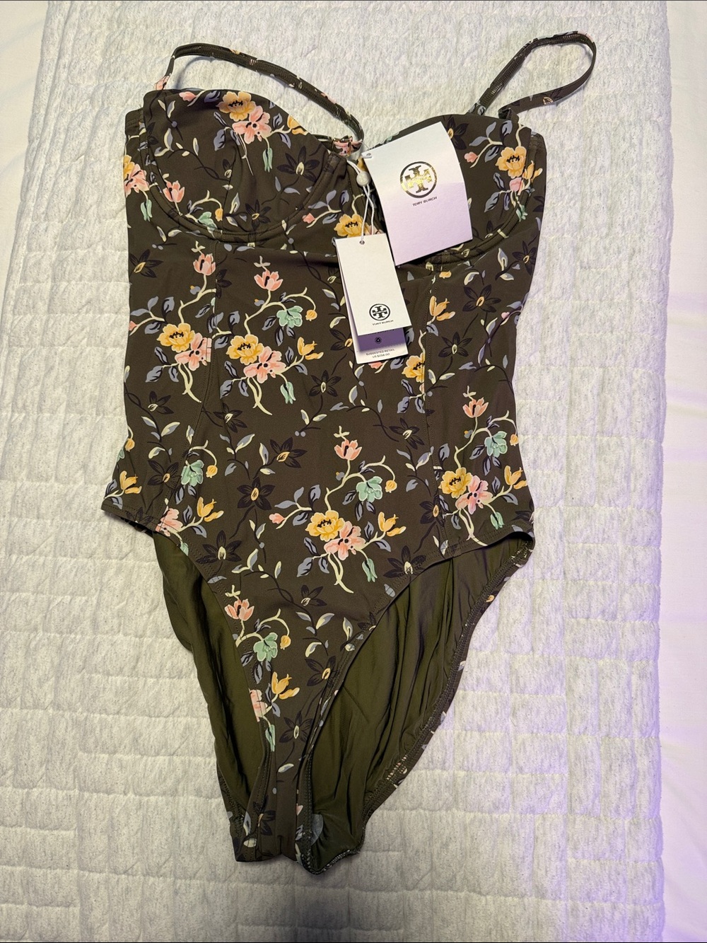 NWT| Tory Burch Olive Green Floral One-Piece Swimsuit - Picture 2 of 4